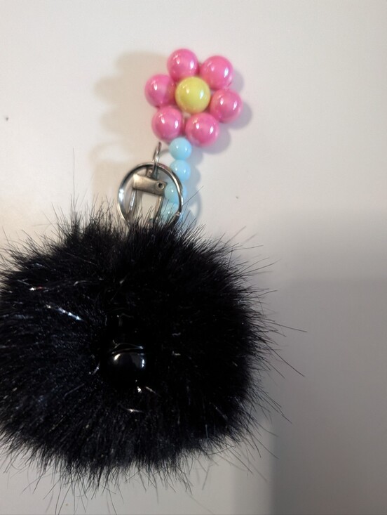 Kipling Accessories - Kipling Black Fur Pom Pom Keychain with Pink & Yellow Flower Beads NWOT
